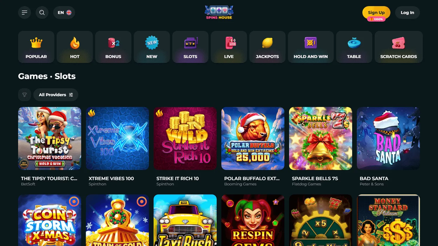 Spins House Casino desktop games area with casino categories and titles