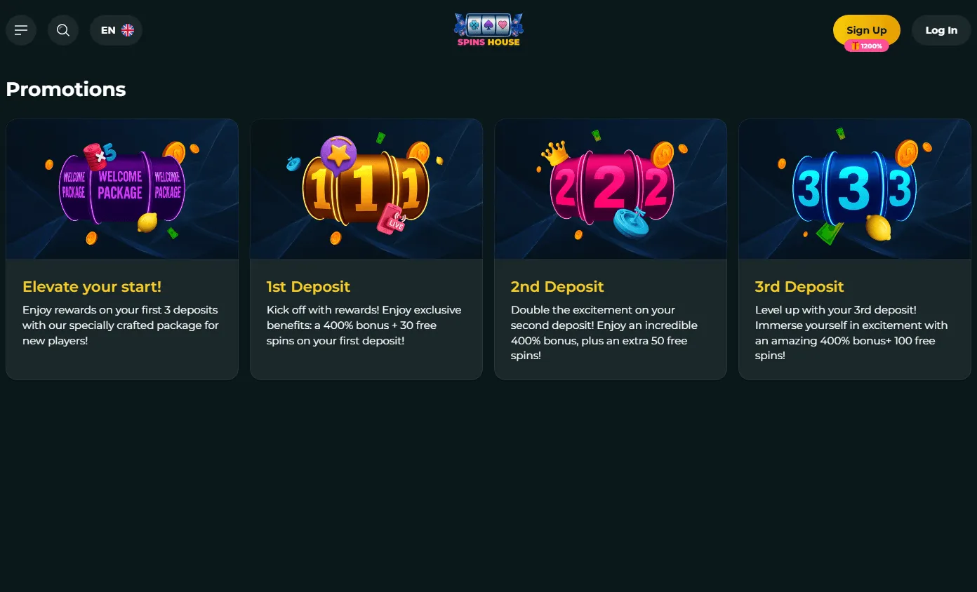 Spins House Casino desktop promotions area with welcome and deposit offers