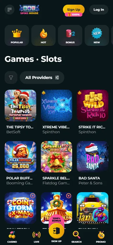 Spins House Casino mobile browser games area on a smartphone