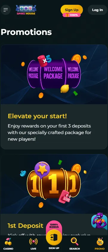 Spins House Casino mobile browser promotions area on a smartphone