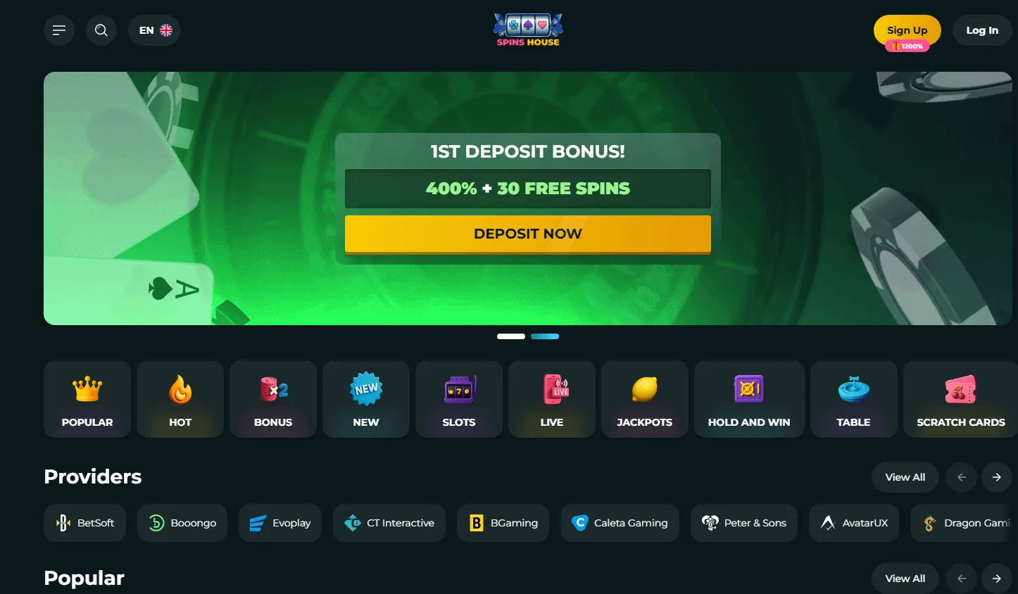 Spins House Casino desktop home experience with casino access and account features