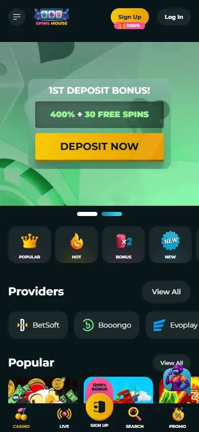 Spins House Casino mobile browser home experience on a smartphone